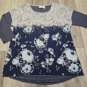 Chicos Relaxed Fit Casual Blouse Top Floral Striped Navy Blue Women's Small 0